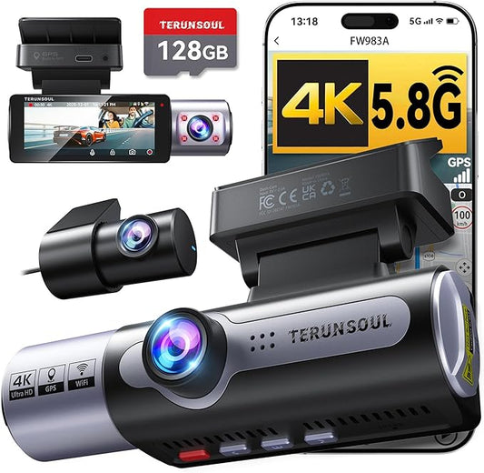 4K Dash Cam Front and Rear, Full HD 3 Channel Dashcam, Free 128GB Memory Card, Built-in 5.8GHz WiFi Built-in GPS, Collision Sensor, Night Vision, HDR, 3.16" IPS, 24H Parking Mode（Black）
