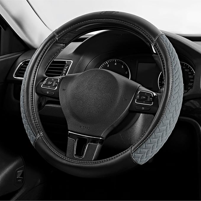 Skechers Steering Wheel Cover,Max Cushioning Leather Steering Wheel Cover Universal Fit 14" 1/2-15" Car Wheel Protector for Men Women Fit Suvs,Vans,Sedans,Car,Trucks,Gray