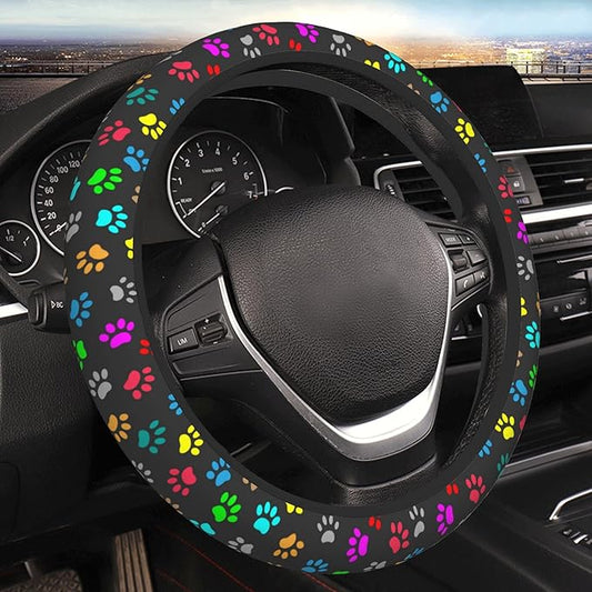 Dog Paw Steering Wheel Cover for Women Men, 15 Inches Colorful Animal Paws Neoprene Anti-Slip Cute Universal Car Steering Wheel Grip Wrap Car Accessories Protective Case Cover for Vehicle Truck SUV