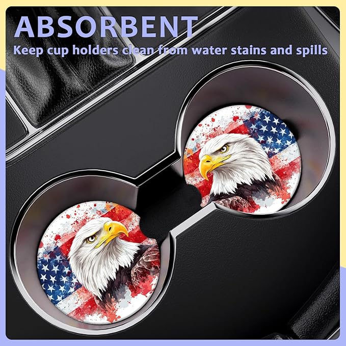 2 Pack Car Cup Holder Coaster-American Flag Eagle Absorbent Ceramic Coaster, Car Coasters for Cup Holders,Auto Accessories for Women & Men