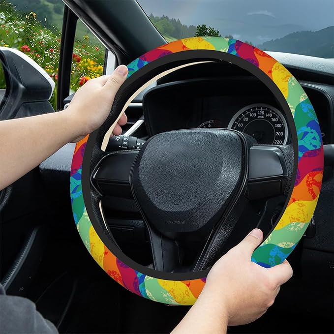 Rainbow Peace Signs Car Steering Wheel Cover, Non-Slip Absorbing Sweat Car Wheel Cover Accessories for Men Women,Universal 15" Fit Auto SUV Vans Trucks