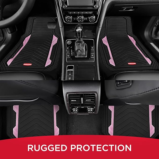 Rubbermaid Car Floor Mat, Heavy Duty All-Weather Car Mats Full Set with Dual-Tone Pink Aluminum Inserts – Universal Fit, Anti-Slip Backing, Trim-to-Fit for Most SUV, Sedan, Van