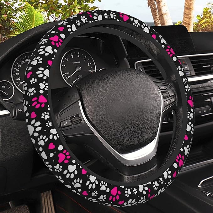 Animal Paw Print Steering Wheel Cover, Elastic Non-Slip Steering Wheel Protector,Auto Interior Decor for Women Girls,Universal 15" Fit for Sedans,Trucks