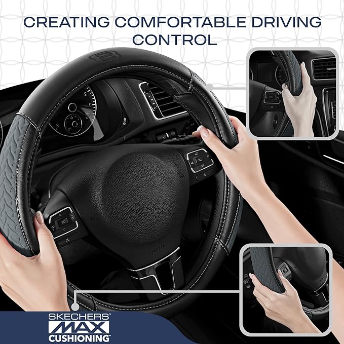 Skechers Steering Wheel Cover,Max Cushioning Leather Steering Wheel Cover Universal Fit 14" 1/2-15" Car Wheel Protector for Men Women Fit Suvs,Vans,Sedans,Car,Trucks,Gray