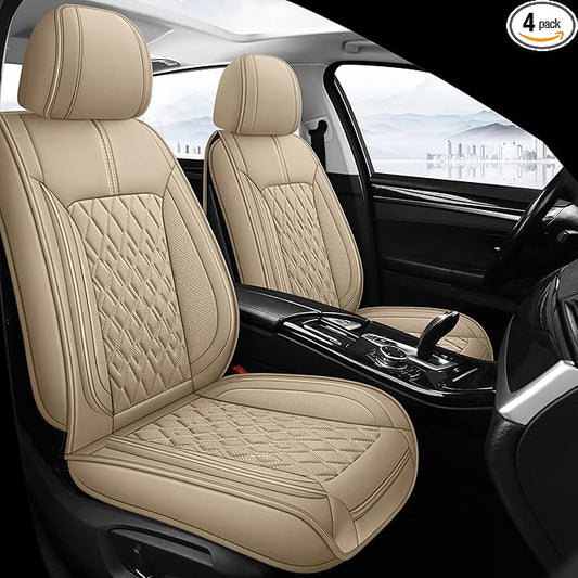Pariitadin Leather Car Seat Covers Full Set, Waterproof Breathable Faux Leather Automotive Seat Covers for Cars, Non-Slip Car Interior Covers Universal Fit Most Cars Sedans Trucks SUVs, Beige