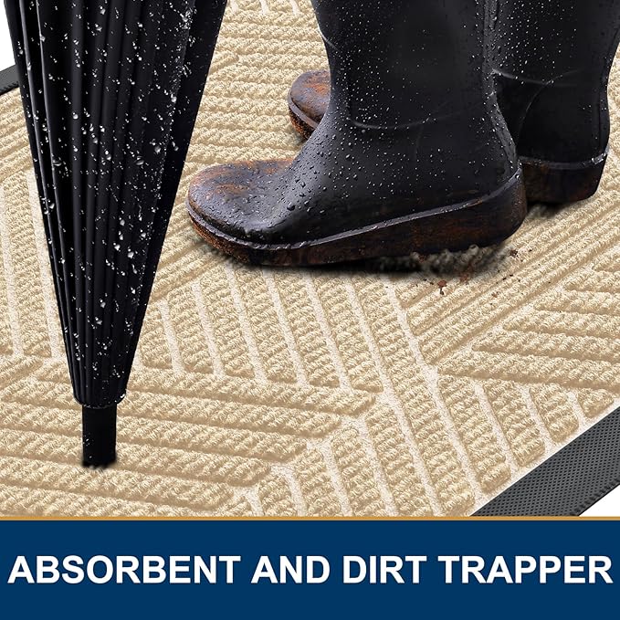 Smiry Front Door Mat Outside Entrance, Heavy Duty Sturdy Natural Rubber Doormat, Trap Dirt and Moisture, Easy Clean Low Profile Mats for Indoor Outdoor Entry, Irregular Triangle (47x32, Beige)