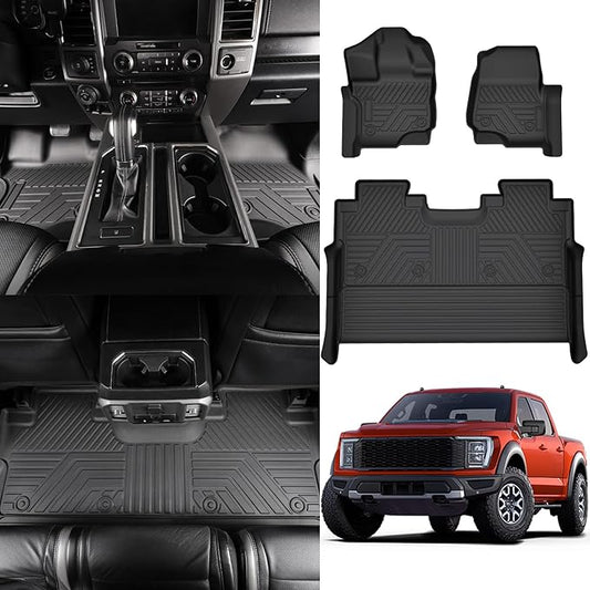 PWY Car Mats for Ford F150 2015-2025 / F-150 Lightning SuperCrew 2022-2025 (Rear w/o Fold Flat Storage), Custom Truck Mats, TPE Heavy Duty Floor Liners, All Weather Car Liners, 3PCS Truck Accessories