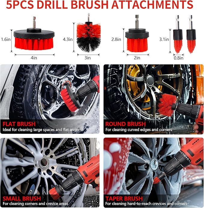 32Pcs Car Detailing Kit, Auto Detailing Brush Set and Drill Brush Attachments with Portable Handbag, Multi-Functional Vehicle Cleaning Tool for Wheels, Windshield