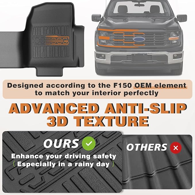 TripleAliners Floor Mats All Weather Liner Compatible with 2015-2024 2025 Ford F150 Regular Cab Accessories 1st Row TPE Liner for Bench Seat with Vinyl Flooring 1pc