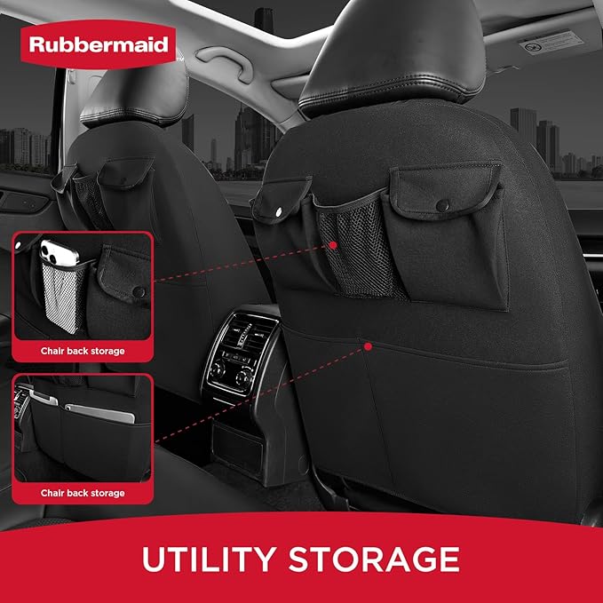 Rubbermaid Car Seat Cover, Leather & Air-Cool Mesh Front Seat Cover, Airbag Compatible, Slip-On Installation, Automotive Seat Cover Universal Fit for Most Cars, Trucks, SUVs-Black