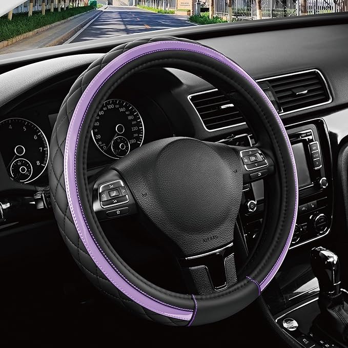 Road Comforts Leather Steering Wheel Cover – Black & Purple, Universal Fit 14.5-15 Inch, Microfiber Leather, Anti-Slip & Breathable Design for Men and Women