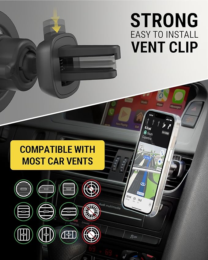 Scosche SMSDV MagicMount MagSafe Car Mount for Vent/Dashboard Cell Phone Holder, 360 Rotation Magnetic Phone Stand for Dash with Vent Clip Compatible with iPhone 16 15 14 13 12 and Android Cellphone