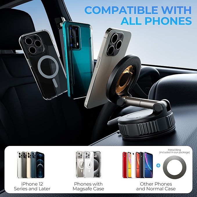 Vacuum Magnetic Suction Phone Holder, 360° Adjustable Suction Cup Phone Mount for Car/Gym/Mirror/Shower, Hands-Free Car Phone Holder, Compatible with iPhone Android and All Smartphones