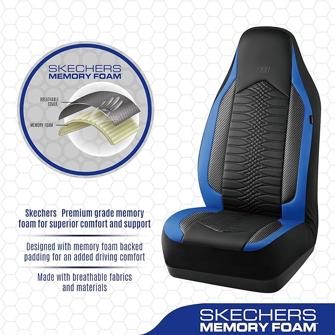 Skechers Memory Foam Car Seat Covers, Leather High Back Seat Covers Quilting Design,Waterproof Sports Car Seat Covers Full Sets,Airbag Compatible, Universal Fit for Most Cars, SUVs,Trucks,Blue