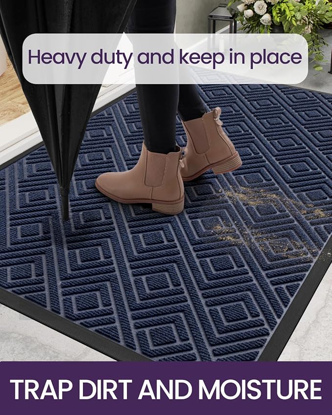 DEXI Front Door Mat Outside Entrance, Heavy Duty Rubber Backed Doormat, Stain and Fade Resistant, Low-Profile Easy Clean Entryway Floor Mats, 17x29, Checkered Navy