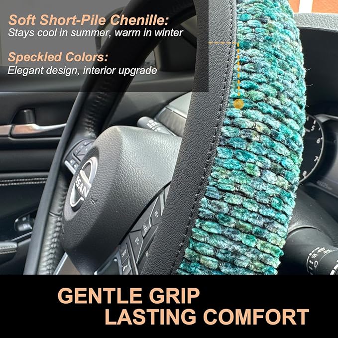 PINCTROT D Shaped Chenille Leather Steering Wheel Cover, Soft Mottled Colors, Sweat-Proof, Non-Slip Grip, All-Season Comfort, Flat Bottom 14.5-15 Inch(Mottled Teal)