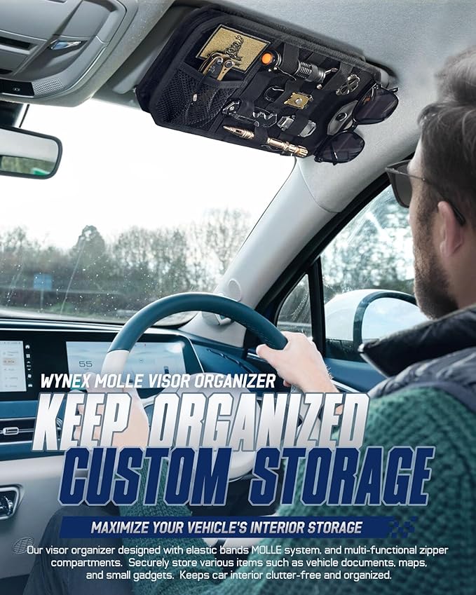 WYNEX Molle Car Sun Visor Organizer, Original Design Car Accessories with Zipper Visor Storage Pouch & Glasses Clip, Semi-Rigid Molle Panel for Tactical Gears, Fits Most Vehicles, SUVs, Trucks