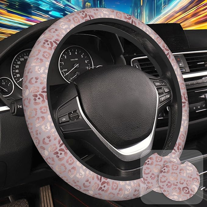 Rose Gold Leopard Print Steering Wheel Cover with 2 Pcs Car Coasters Neoprene Steering Wheel Cover for Women Men Anti-Slip Breathable Car Accessories Universal 15 Inch Fit Auto Cars Trucks