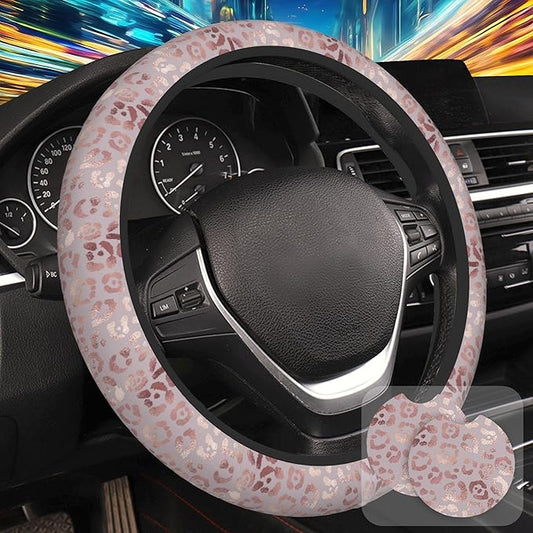 Rose Gold Leopard Print Steering Wheel Cover with 2 Pcs Car Coasters Neoprene Steering Wheel Cover for Women Men Anti-Slip Breathable Car Accessories Universal 15 Inch Fit Auto Cars Trucks
