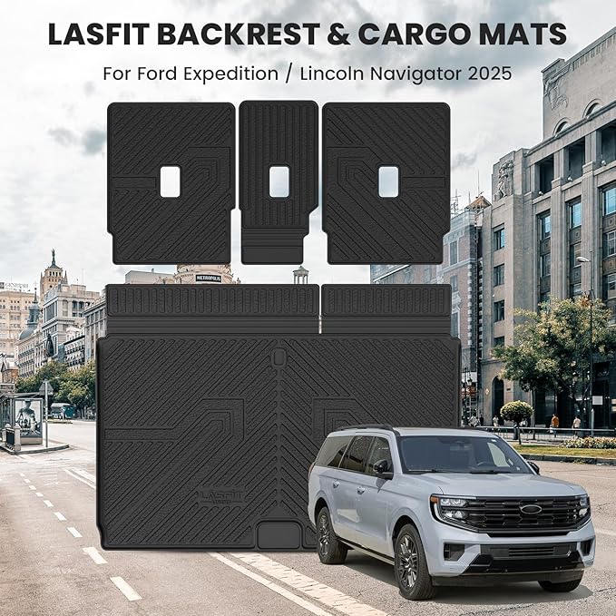 LASFIT Trunk Mat with Backrest Mat Ford Expedition Max & Lincoln Navigator L 7 Seats 2025 2026(Not fit 8 Seats),Costom Fit All Weather Protection TPE Easy Clean Cargo Liners,4pcs,Black