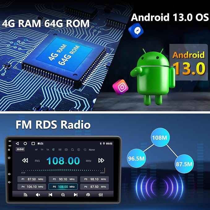 10.1 Inch Android 13 GPS Car Stereo Upgrade 4GB+64GB for Jeep Wrangler JK 2007-2018 Dodge Ram 1500 2500 2009 2010 2011 2012 Grand Cherokee with Wireless CarPlay Android Auto Bluetooth 5GWiFi SWC FM