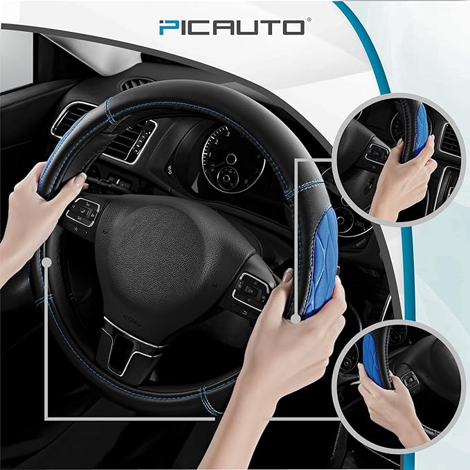 PIC AUTO Steering Wheel Cover, Blue Thick Rhombic Foam and Premium Leather, Universal 14.5-15.5 Inch Breathable Anti-Slip Steering Wheels Accessories for Men & Women