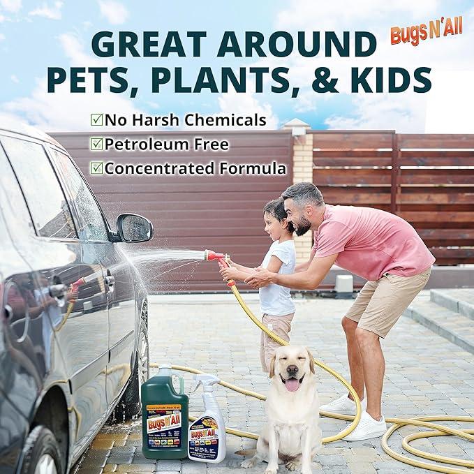 Bugs N’ All Multipurpose Car Cleaner & Degreaser - Bug & Tar Remover Concentrate 1 Gallon - Exterior Cleaner Safe for Car Paint, Metal, Chrome, Aluminum, Windows & Mirrors - w/Free 32 oz Spray Bottle