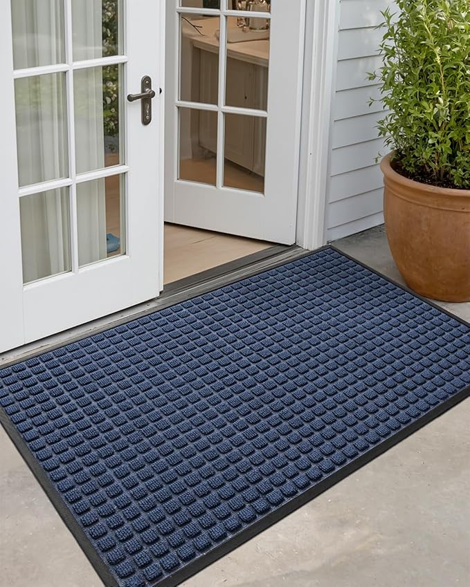 DEXI Front Door Mat Outside Entrance, 4x6 ft Large Rubber Entry Doormat Heavy Duty, Welcome Mats Non Slip for Inside House Floor Entryway Double Doors Exterior Patio, Squares Blue
