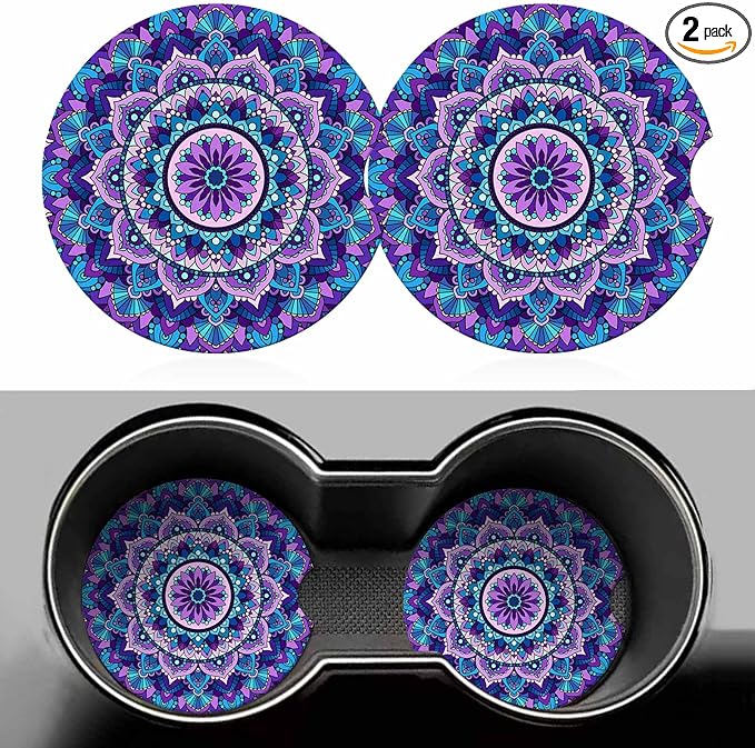 Purple Mandala 2 Pack Car Cup Holder Coaster Abstract Flower Pattern Anti Slip Insert Absorbent Ceramic Car Coaster with Cork Base and Finger Notch Cute Car Accessories Interior for Women Men