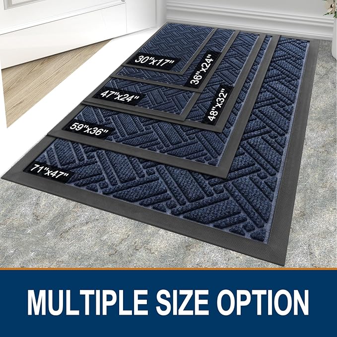 OLANLY Indoor Outdoor Mat, Sturdy Natural Rubber Floor Mat, Non Slip Low Profile Waterproof Doormat, and Stain Front Door Mats, Easy Clean Patio Entrance Mat, 30''x17'', Navy