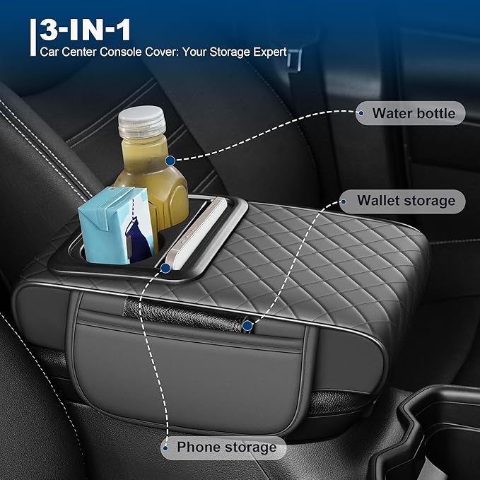 Car Center Console Cover Fit for Volkswagen ID.4 Faux Leather Auto Armrest Box Cover with Cup Holder & Phone Holder Waterproof Leather Armrest Protector Cushion(Grey)