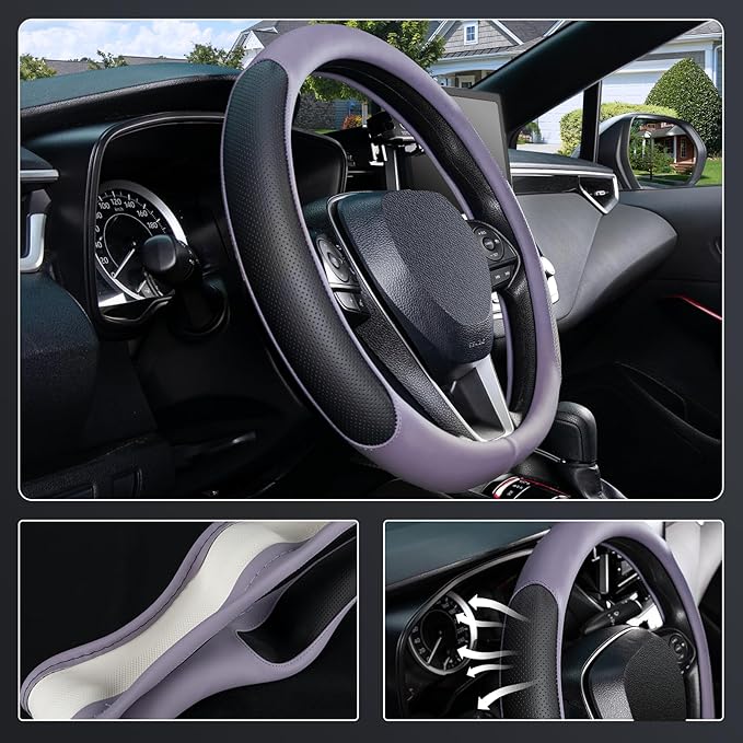 SEG Direct D Shaped Steering Wheel Cover for 14.5-15 inch Flat Bottom Wheels, Breathable Perforated Microfiber Leather, Anti-Slip Grip, Universal Fit for Cars & SUVs, Black and Light Purple