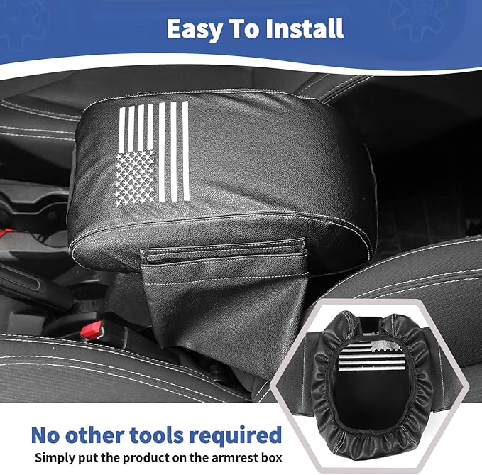 RT-TCZ for Wrangler JK Center Console Armrest Pad Cover with Storage Bag for Jeep Wrangler JK JKU 2011-2017 American Flag Black Leather