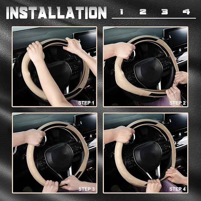 SEG Direct Car Steering Wheel Cover Medium Size 14 1/2"-15" Embossed Microfiber Leather with Carbon Fiber Pattern Beige