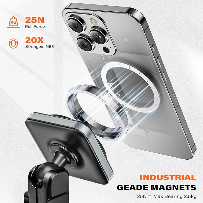 APPS2Car Heavy-Duty Vacuum Suction Phone Mount [Industrial 20x N55 Magnet, Alloy Arm, Ultra-Stable Suction Cup] for iPhone MagSafe/Samsung/All Phone, Magnetic Phone Holder for Car Windshield Dashboard