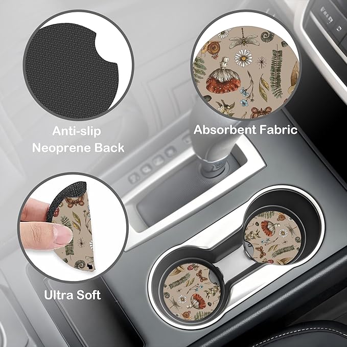 Woodland Fern Mushroom Steering Wheel Cover for Women, Anti-Slip Car Steering Wheel Cover with 2 Pcs Cup Holders Neoprene Breathable Car Accessories Universal 15 Inch Auto Interior Decor