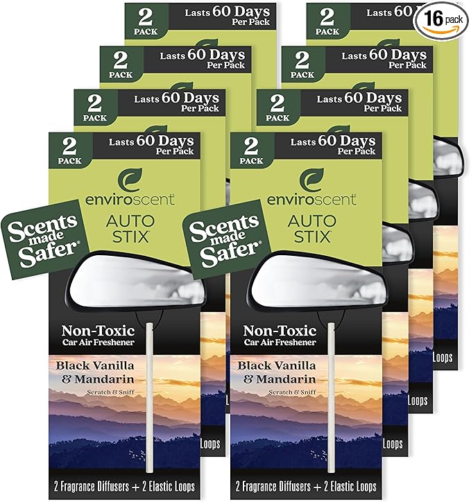 Enviroscent Non-Toxic Car Air Freshener | Natural Car Air Freshener | Essential Oil Diffuser | Car Scent Lasting Over 480 Days | 8 Packs of 2 Hanging Auto Stix (Black Vanilla & Mandarin)