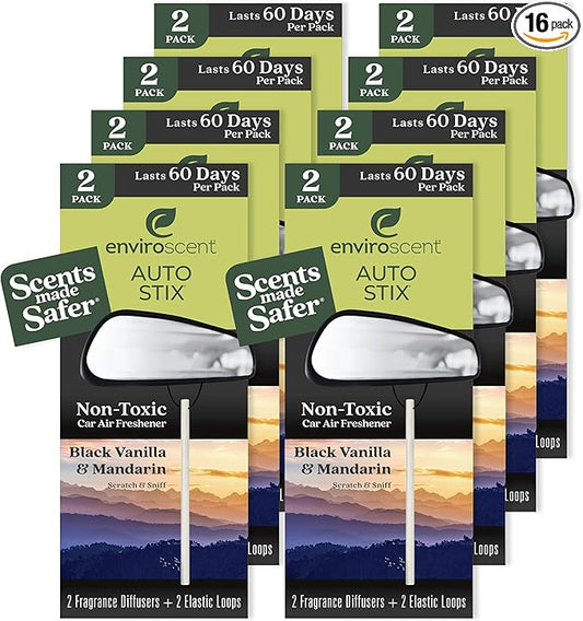 Enviroscent Non-Toxic Car Air Freshener | Natural Car Air Freshener | Essential Oil Diffuser | Car Scent Lasting Over 480 Days | 8 Packs of 2 Hanging Auto Stix (Black Vanilla & Mandarin)