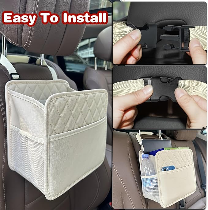 2 Pack Upgraded Car Seat Organizer Backseat with Storage Pockets, Multipurpose Car Organizer Hanging Car Trash Bag Premium PU Leather Garbage Can 2.14 Gallon Large Capacity Accessories Beige