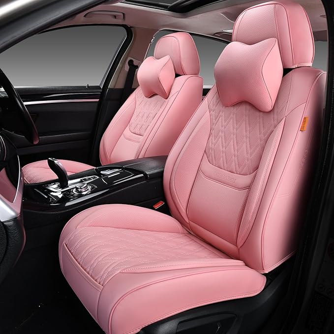Pink Car Seat Covers Front Pair, Breathable Leather Automotive Front Seat Covers with Headrest, Universal Automotive Vehicle Seat Cover for Most Sedan SUV Pick-up Trucks