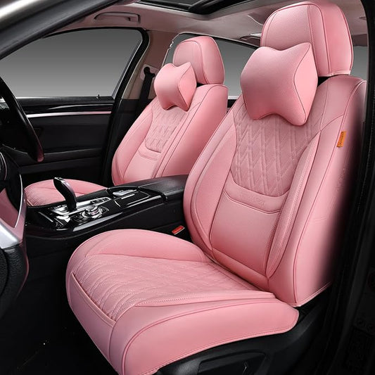 Pink Car Seat Covers Front Pair, Breathable Leather Automotive Front Seat Covers with Headrest, Universal Automotive Vehicle Seat Cover for Most Sedan SUV Pick-up Trucks