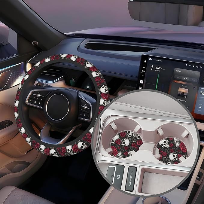 Skull and Rose Steering Wheel Cover for Women, Anti-Slip Car Steering Wheel Cover with 2 Pcs Cup Holders Neoprene Breathable Car Accessories Universal 15 Inch Auto Interior Decor