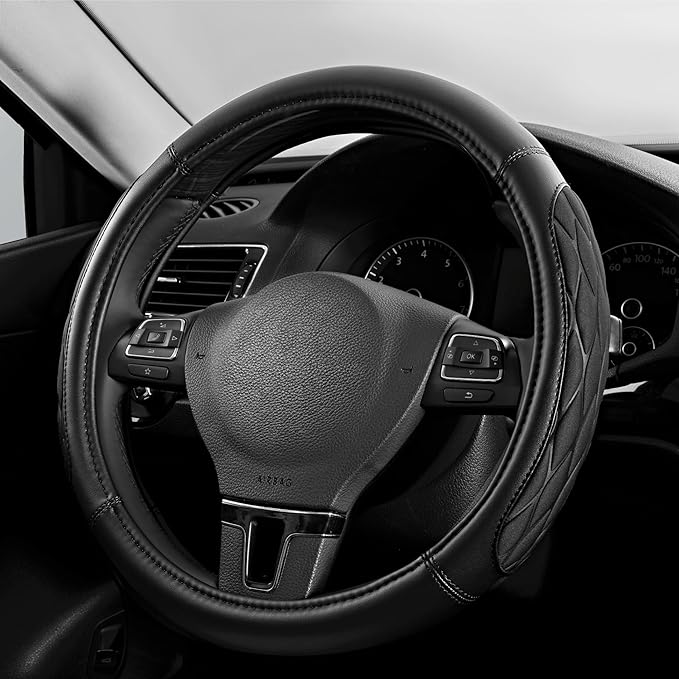 PIC AUTO Steering Wheel Cover, Black Thick Rhombic Foam and Premium Leather, Universal 14.5-15.5 Inch Breathable Anti-Slip Steering Wheels Accessories for Men & Women