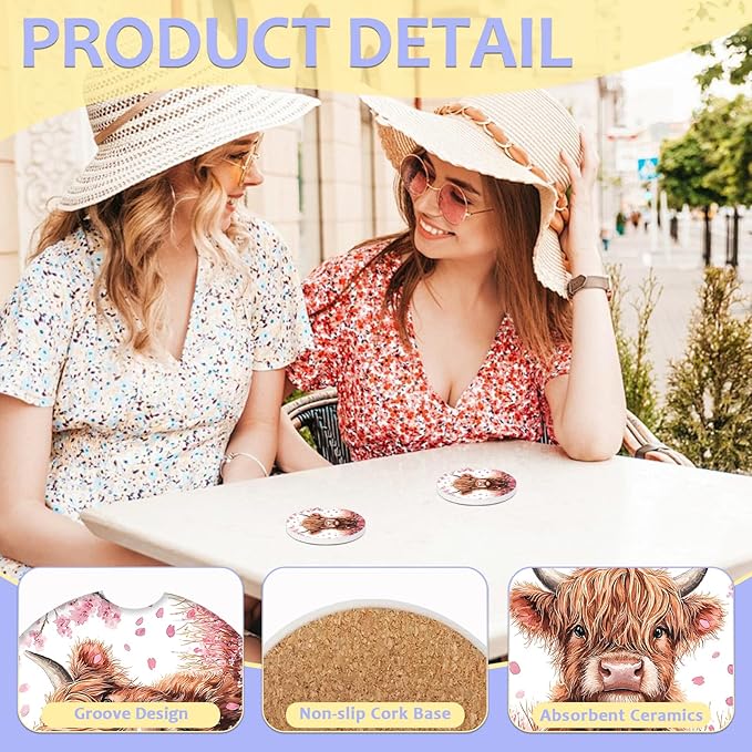 2 Pack Car Cup Holder Coaster-Highland Cow Absorbent Ceramic Coaster,Cherry Blossom Car Coasters for Cup Holders,Auto Accessories for Women & Men
