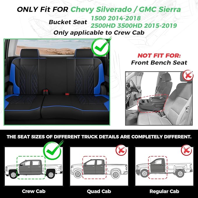 for Chevy Silverado GMC Sierra Waterproof Seat Covers, Crew Cab 1500 2014-2018, 2500HD 3500 HD 2015-2019, Truck Protectors Accessories Full Set, Black Blue