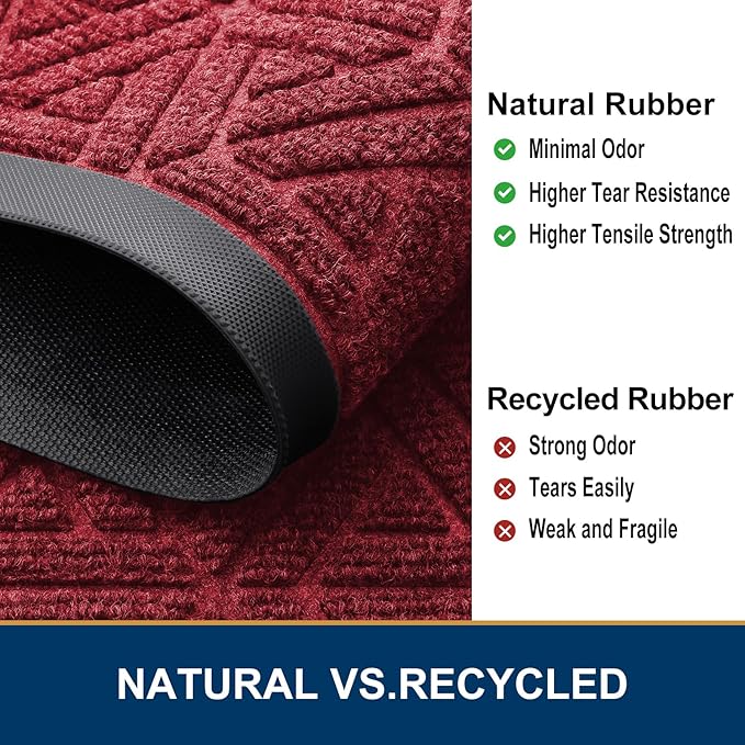 Smiry Front Door Mat Outside Entrance, Heavy Duty Sturdy Natural Rubber Doormat, Trap Dirt and Moisture, Easy Clean Low Profile Mats for Indoor Outdoor Entry, Grid Geometric (47x32, Wine Red)