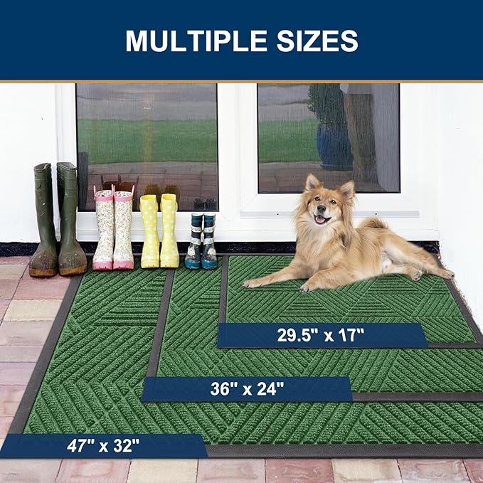Smiry Front Door Mat Outside Entrance, Heavy Duty Sturdy Natural Rubber Doormat, Trap Dirt and Moisture, Easy Clean Low Profile Mats for Indoor Outdoor Entry, Irregular Triangle (36x24, Green)