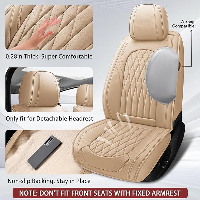 WELLDO Car Seat Covers Full Set, Leather Seat Covers for Cars, Car Seat Protector Waterproof, Non-Slip Car Interior Covers Full Set Universal Automotive Seat Covers for Most Cars SUVs, Beige