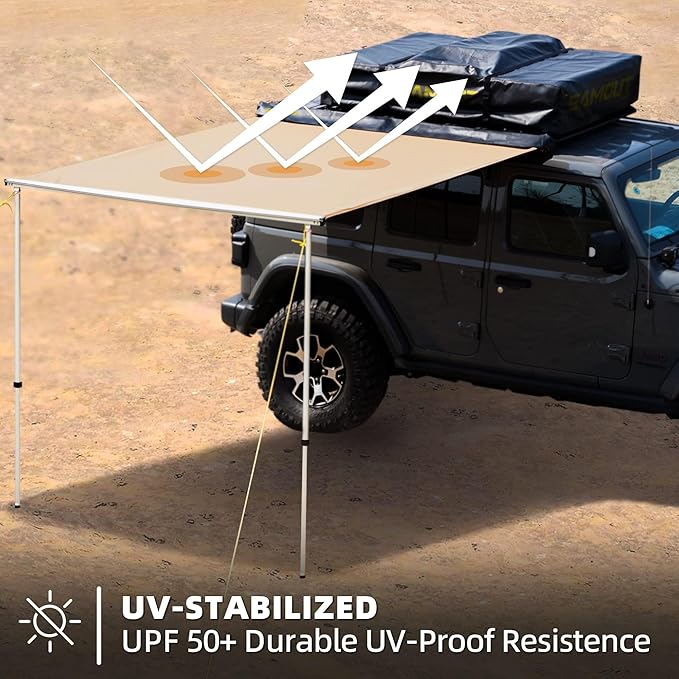 Vehicle Awning, 6.6ft x 10ft, Rooftop Pullout Ripstop UPF50+ Side Awning, Reinforced Hinges & Poles for Jeep/SUV/Truck/Van