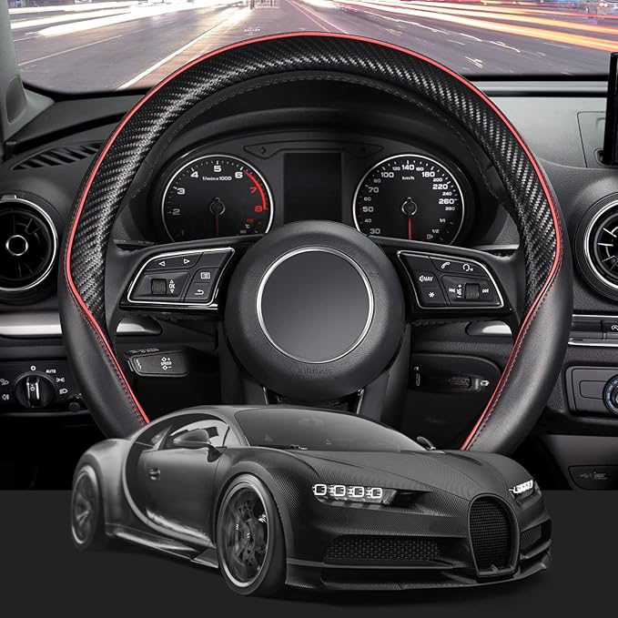 SEG Direct Car Steering Wheel Cover Universal Standard Size 14 1/2"-15" Leather with Carbon Fiber Pattern Black and Red